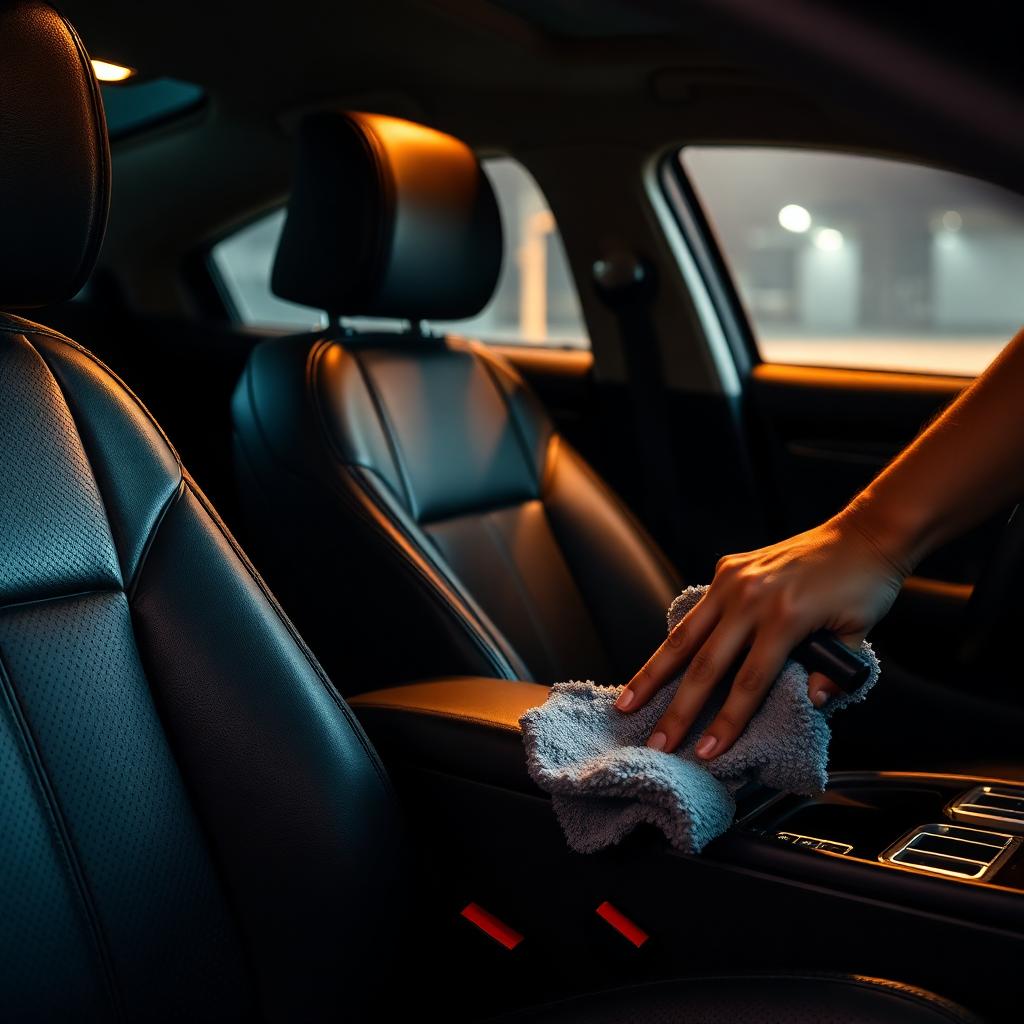 Limpieza profesional de asientos de cuero en el interior de un coche