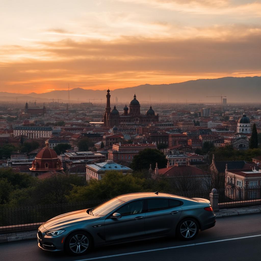 Vista aérea de Sevilla al atardecer con un coche limpio en primer plano